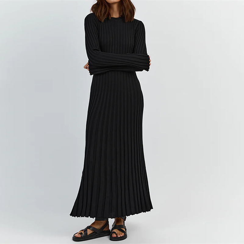Women Elegant Ribbed Knit Full Sleeve Maxi Dress Crew Neck Bodycon Pencil Long Dress Tie Waist Dress 90s Vintage Streetwear