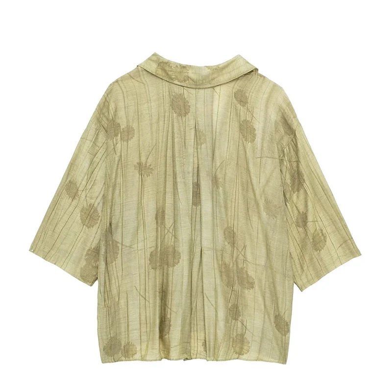 New Linen Tie-dye Print Long Pants Sets For Women Lapel Half Sleeve Single Breasted Shirts Drawstring Wide Leg Pant 2 Pieces Set