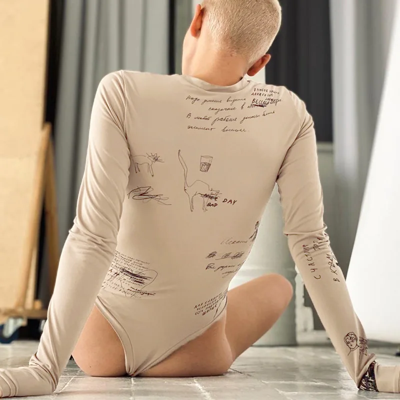 Bodycon Sexy Bodysuit Lingerie Letters Printing Crop Tops Women Y2k Clothes Long Sleeve One-pieces Body Feminino Skinny Bustier