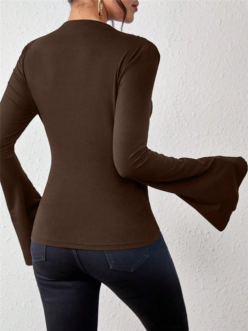 Autumn Winter Pleating Bell Sleeve Stand up Collar Slim Fit T shirt