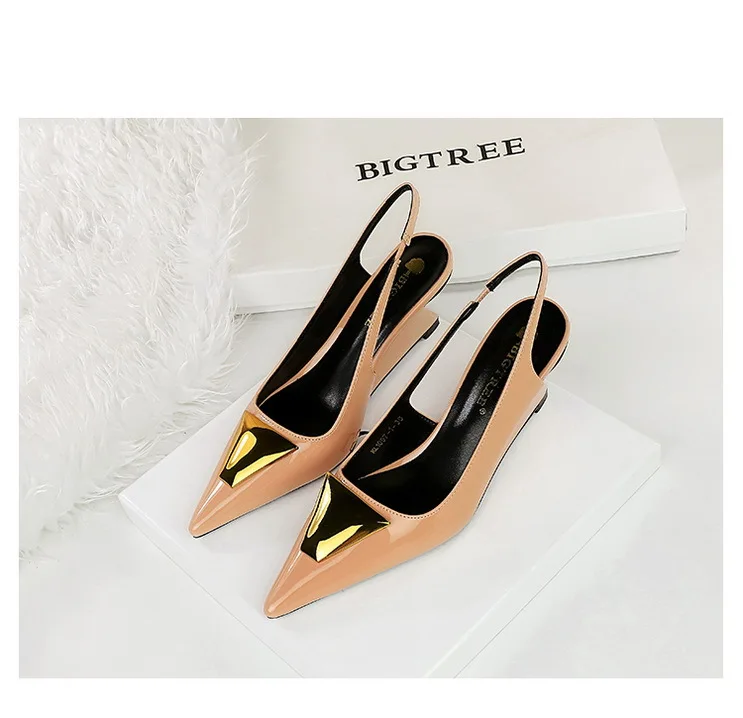 Patent Leather High Heels Wedges Shoes Lady Trendy Pumps Pointed Toe Hollow Back Strap 6.5 Cm Women Sandals White Heels Shoes