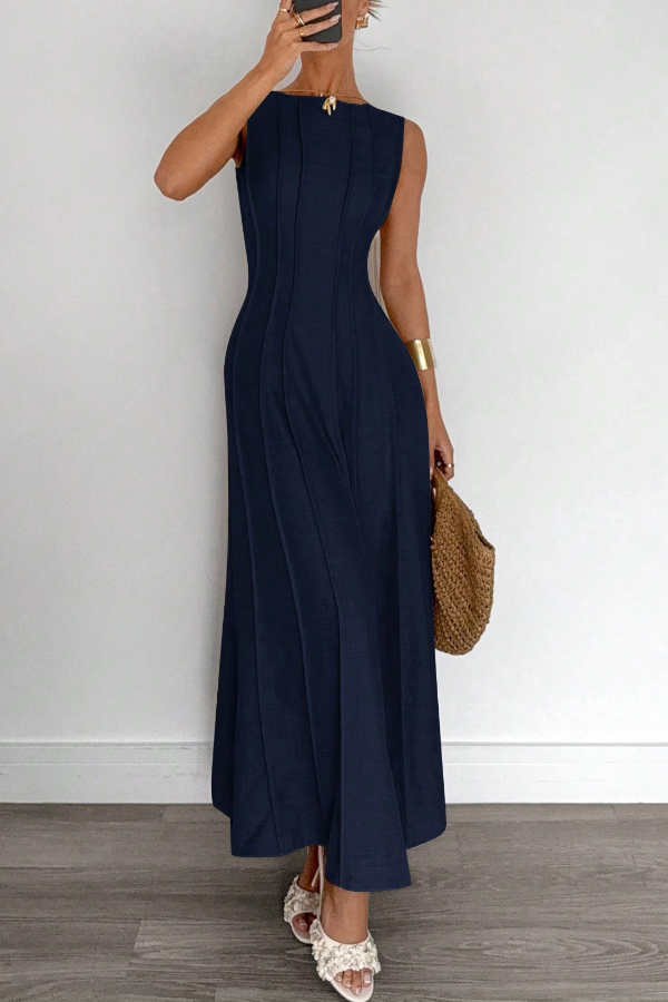 Solid Color Round Neck Sleeveless Elegant Pleated Casual Maxi Dress