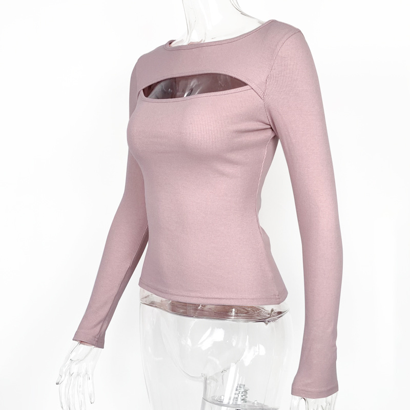 Women Clothing Autumn Winter Chest Hollow-out Long-Sleeved Top Sexy Stretch Rib T-shirt for Women