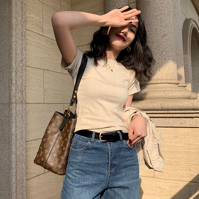 White T shirt Women Shoulder Short Sleeve Slimming round Neck Cotton Bandage Dress Bottoming Top