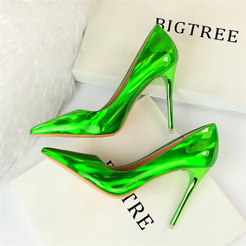 Women 10.5cm High Heels Blue Green Valentine Pumps Luxury Glossy Stripper Stiletto Wedding Bridal Fetish Shoes Plus Size 43