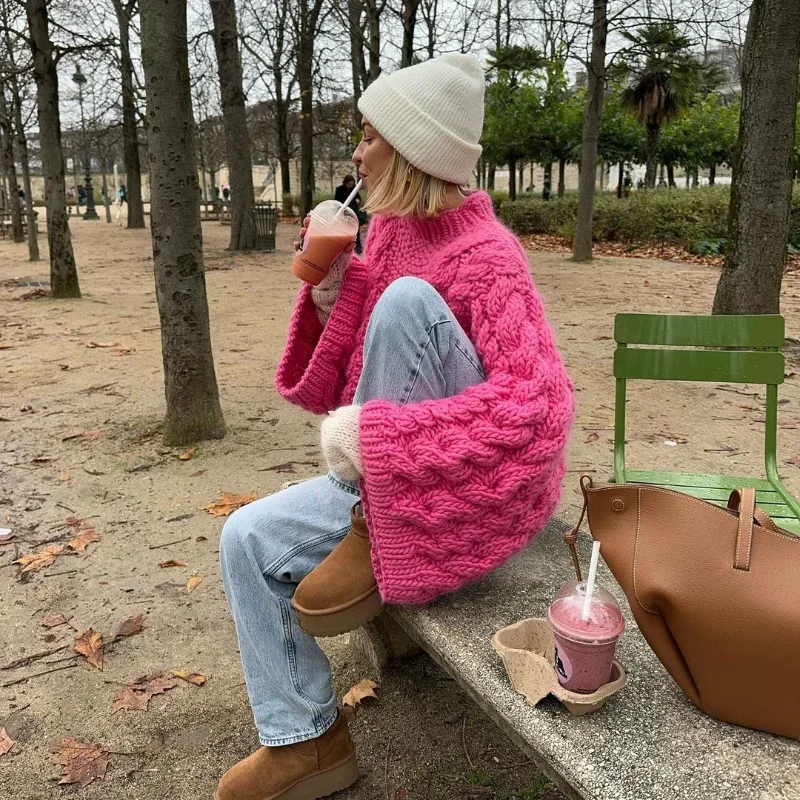 Knit Oversize High Neck Jumper Sweater Women Lazy Round Neck Ribbed Pullover Female Autumn Winter Thick Warm Lady Knitwear
