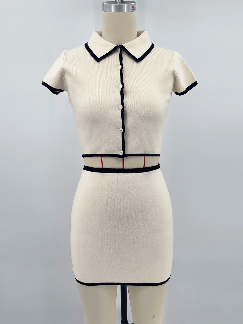 Contrast Color Knitted Mini Skirt Suit Women's Short Sleeve T-shirt Slim High Waisted Skirts Matching Sets Casual Fashion