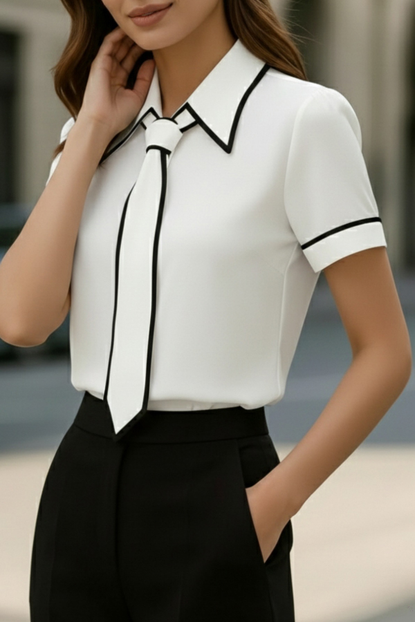 Stylish Color-blocked Trim Collared Short-sleeved Casual Shirt