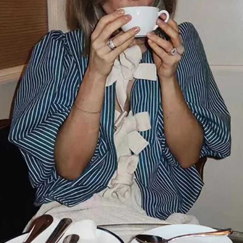 Peplum Shirt Women y2k Clothes Striped Round Neck Puff Half Sleeve Tie Front Blouse Elegant Ladies Clothes Streetwear