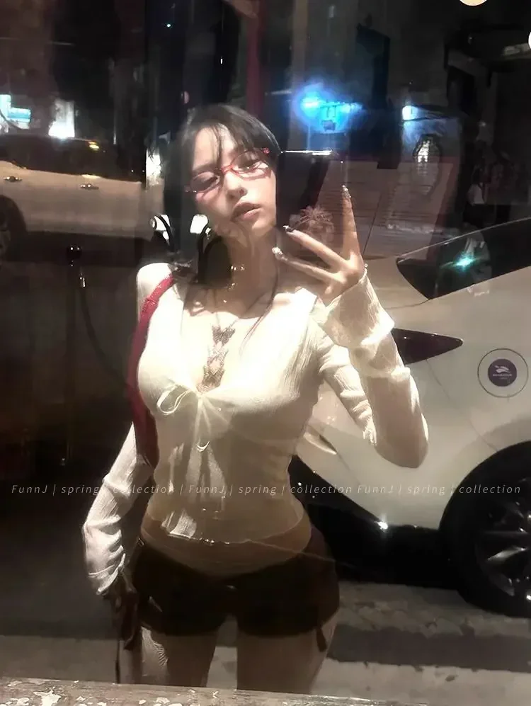 Korean Fashion Crop Top y2k Aesthetic Sweet Lace Patchwork Long Sleeve T Shirt with Bow 2000s Women Clothes Streetwear