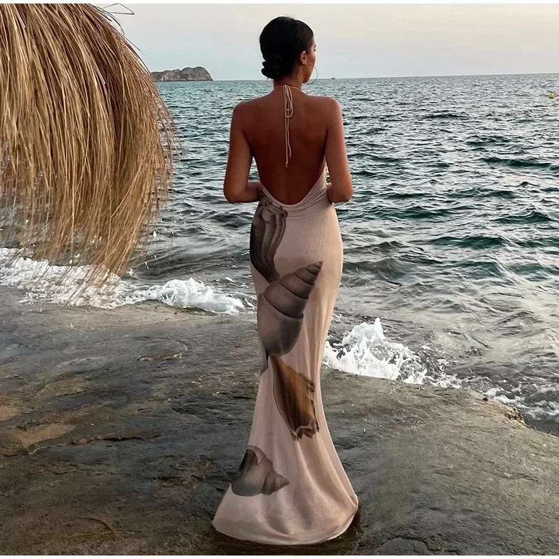 Print Backless Tulle Long Dresses For Women Halter Lace Up Sleeveless Holiday Dresses 2025 Fashion Slim Beach Vacation Robes