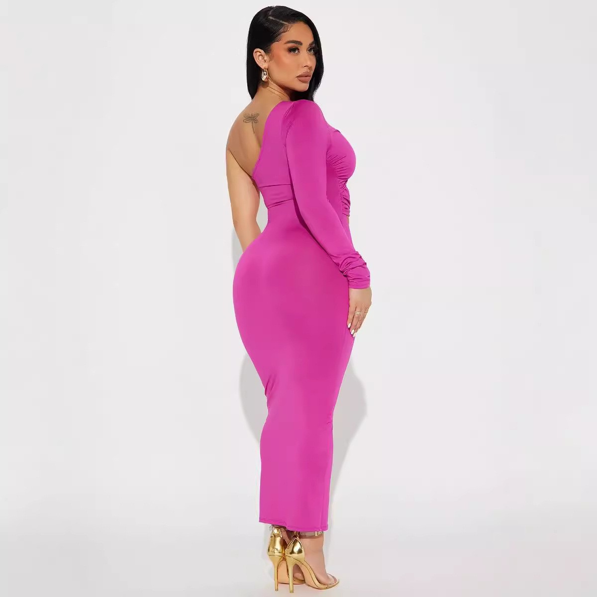 Women Clothing Sexy Cutout Metal Tube Slim Fit Maxi Dress Diagonal Collar Shoulder Sleeve Sheath Pencil Dress