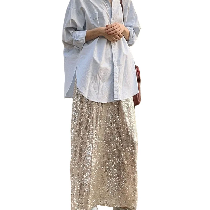 Sequin Long Skirts for Women Solid Color Elastic High Waist Skirt Fashion Elegant Ladies Evening Party Skirt Clubwear