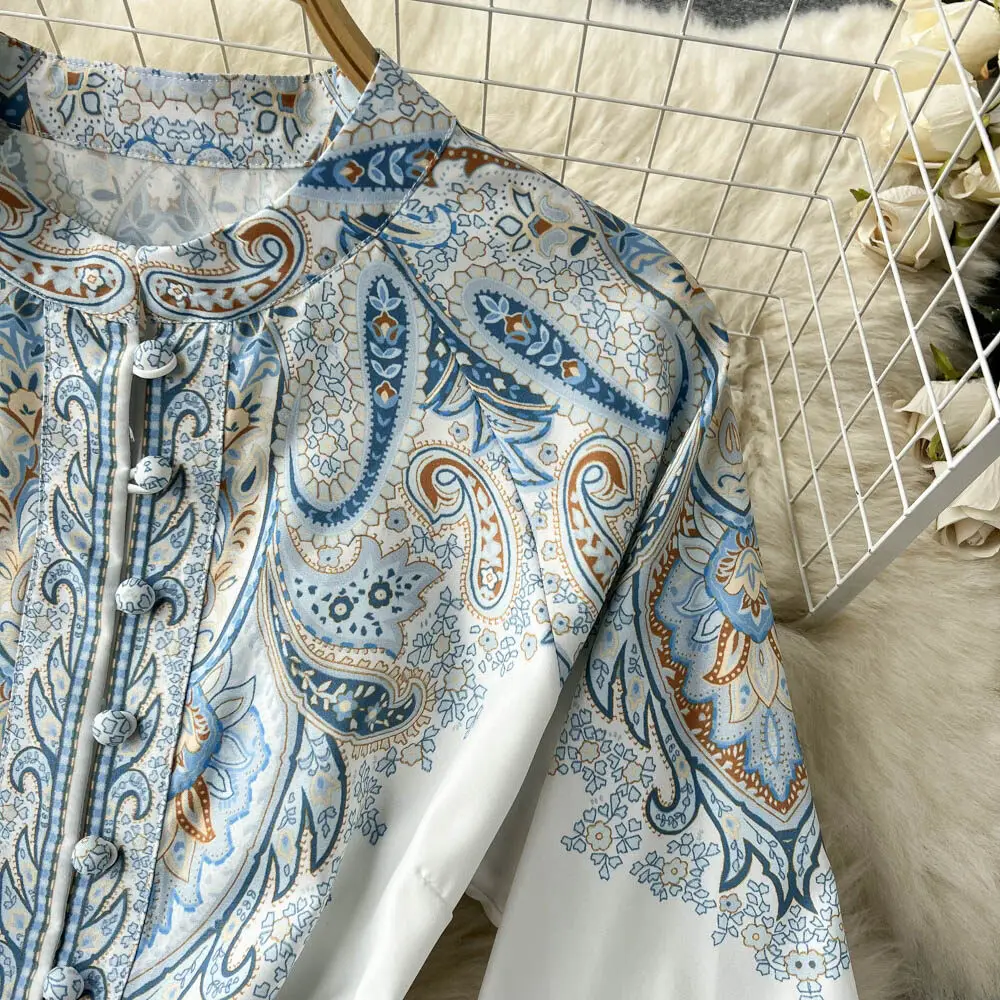 New Women Vintage Party Dress Fashion Long Sleeve Single Breasted Stand Collar Elegant Printed Long Dresses Spring Autumn Robe