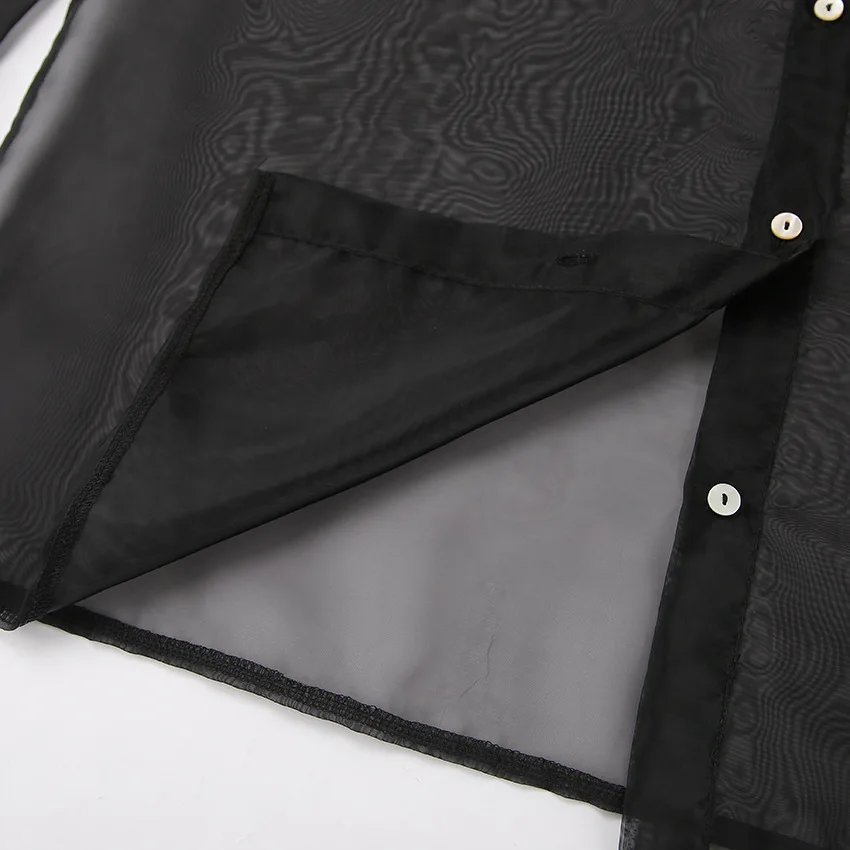 Mesh See-through Lace-Up Shirt Women's Sexy Long Sleeve Tops Fashion Solid Color Casual Streetwear Women's Shirt Tops