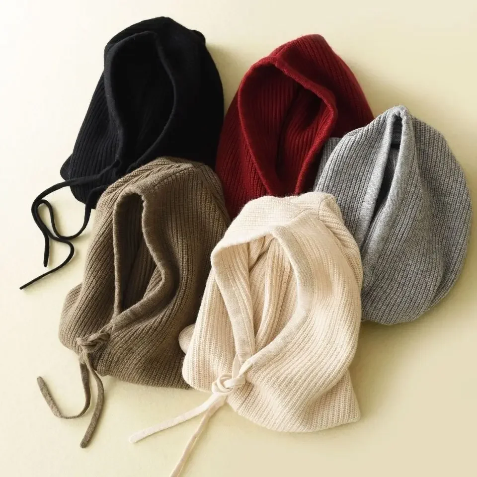 Unisex Knit Scarf Hood Hat Winter Women Faux Cashmere Beanie Bonnet Lady Wool Neck&Face Protect Balaclava Skullies Men Hooded