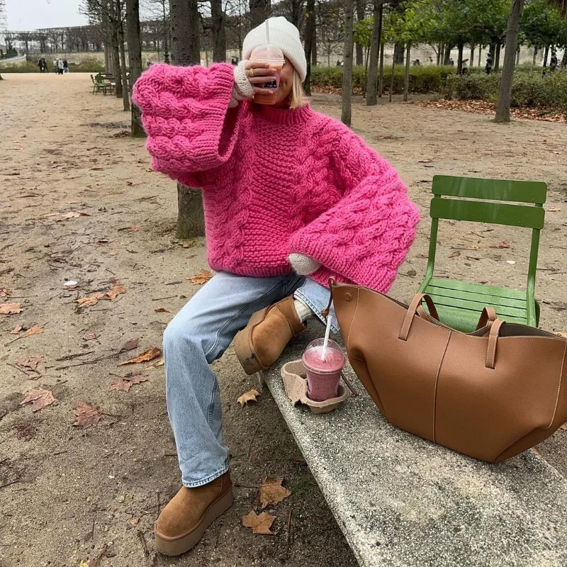 Knit Oversize High Neck Jumper Sweater Women Lazy Round Neck Ribbed Pullover Female Autumn Winter Thick Warm Lady Knitwear