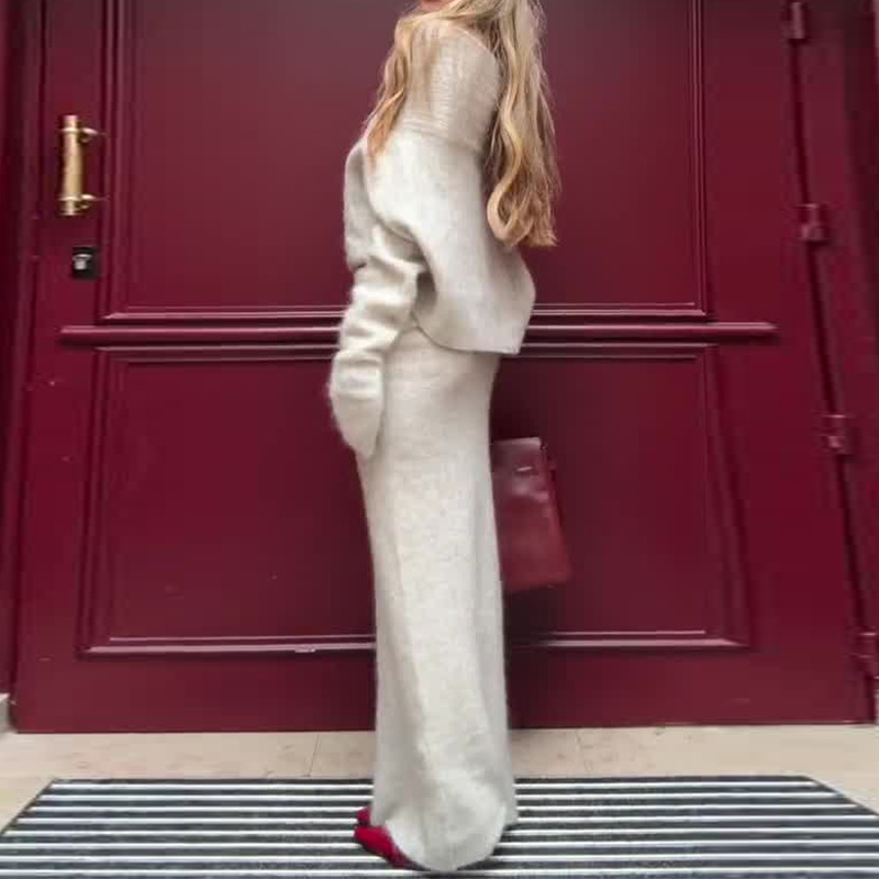 Knitted Skirt 2 Piece Set Women's One-Shoulder Long Sleeves Sweater Pullover Elegant Slim Fit Long Skirt Suit Autumn New