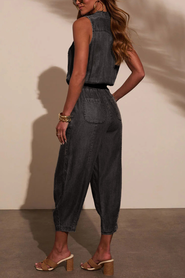 Stylish Collared Sleeveless Elastic Waist Tie Casual Pocket Denim Jumpsuit