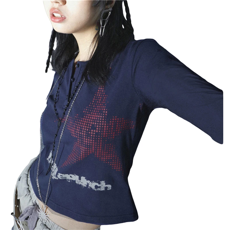 Harajuku Crop Top Japanese Style Star Pattern Round Neck Short Sleeve T Shirts Graphic Tee y2k Women Clothes Streetwear