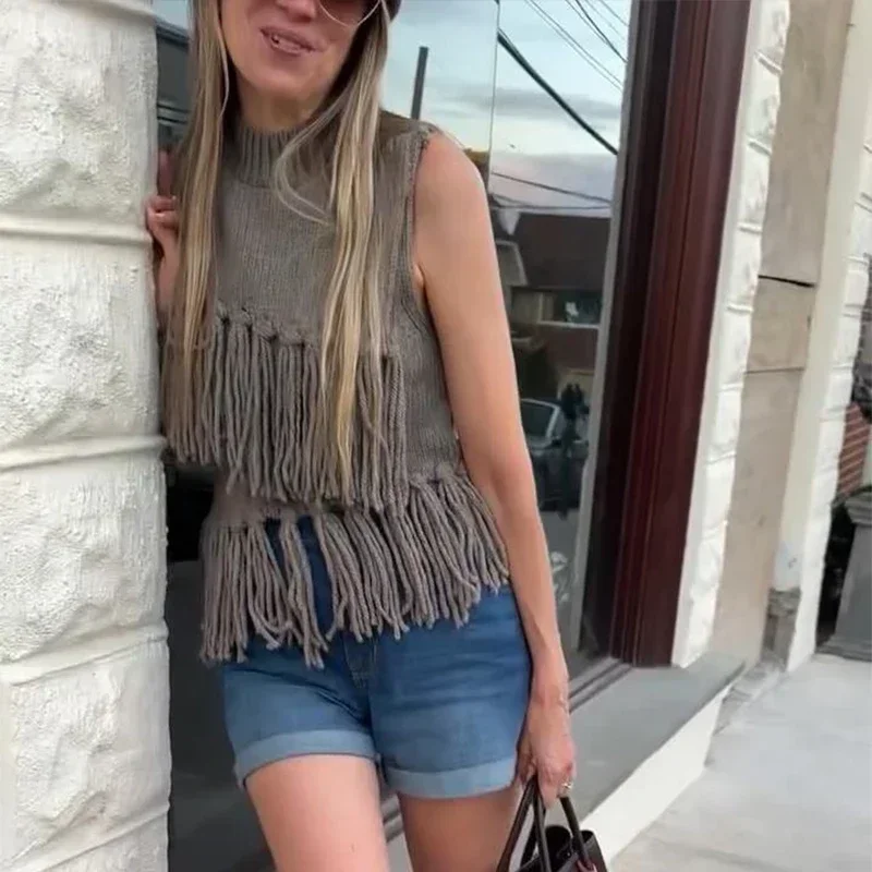 Street Tassel Knitted Vest Sweater For Women Half-high Collar Sleeveless Slim Fit Tank Top Female 2025 Spring Lady Soft Outwear