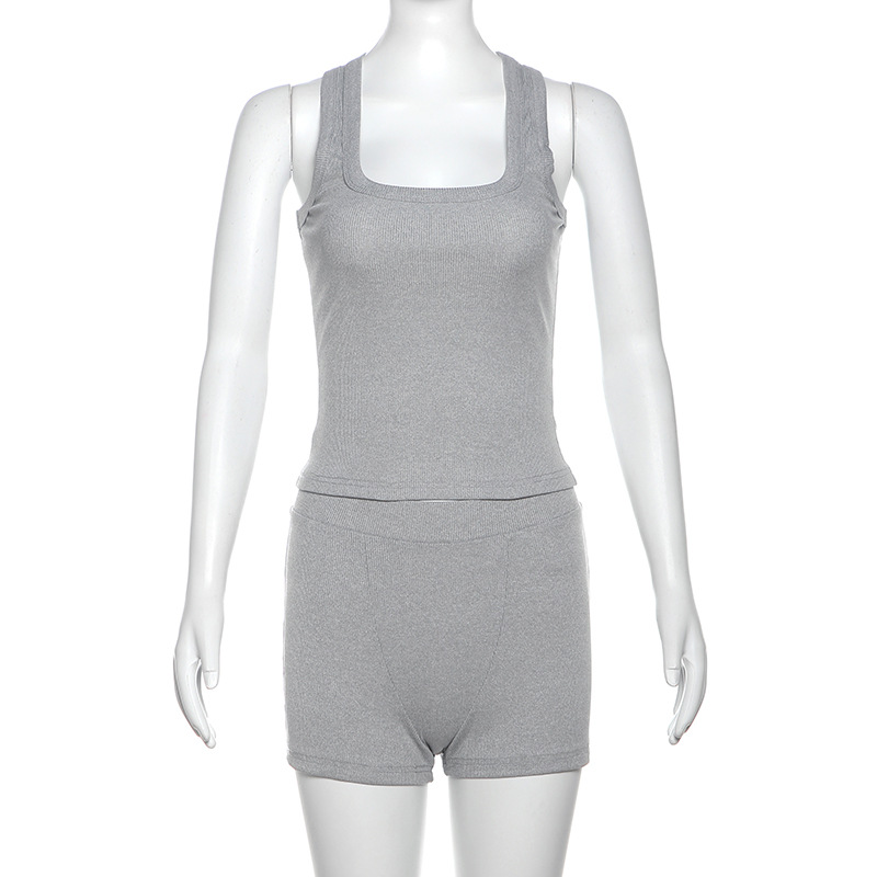 Women Clothing Autumn Casual Round Neck Solid Color Slim Fit I Shape Vest High Waist Shorts Suit