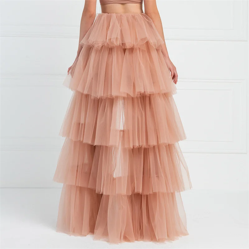 Tulle Skirts Women y2k Solid Color Elastic High Waist Asymmetrical Hem Long Skirts Summer Evening Party Skirt Clubwear