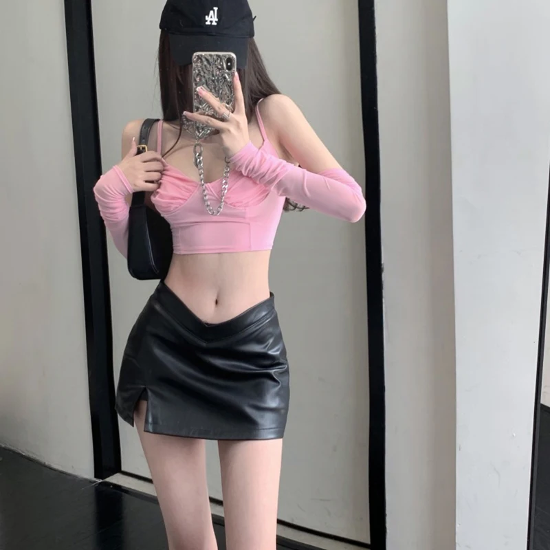 PU Leather Skirt y2k Clothes Women Solid Color Low Waist Side Slit A Line Mini Skirts Club Party Skirt Party Clubwear