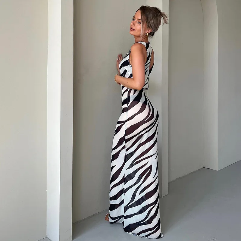 Bodycon Long Dresses For Women Beach Style Backless Vestidos De Mujer Hollow Out Sexy Robe Femme _t�� Y2k Clothes Zebra Print