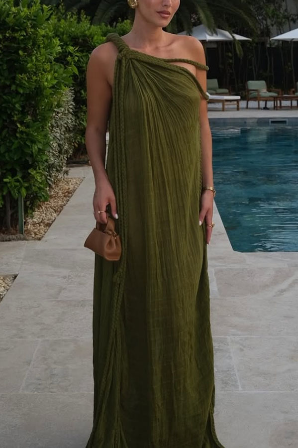 Khloe Linen Blend One Shoulder Draped Braids Cover Up Maxi Dress