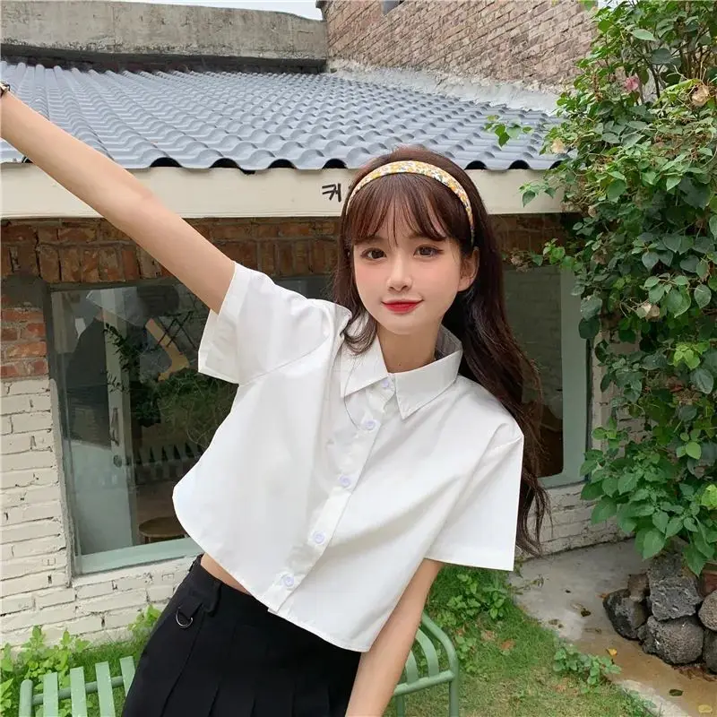 Oversize White Cropped Shirt Women Summer Short Sleeve Polo Neck Sweet Preppy Button Short Shirts Korean Female Blouses Blusa