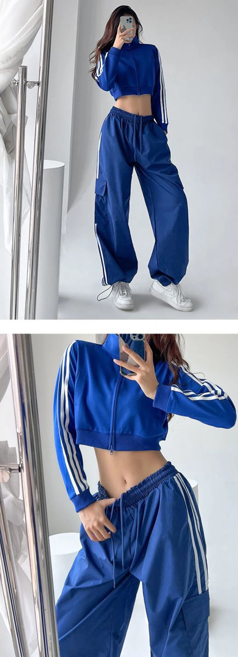 Striped Sweatpants Women Hip Hop Streetwear Baggy Wide Leg Cargo Pants Bf Y2K High Waist Drawstring Joggers Trousers