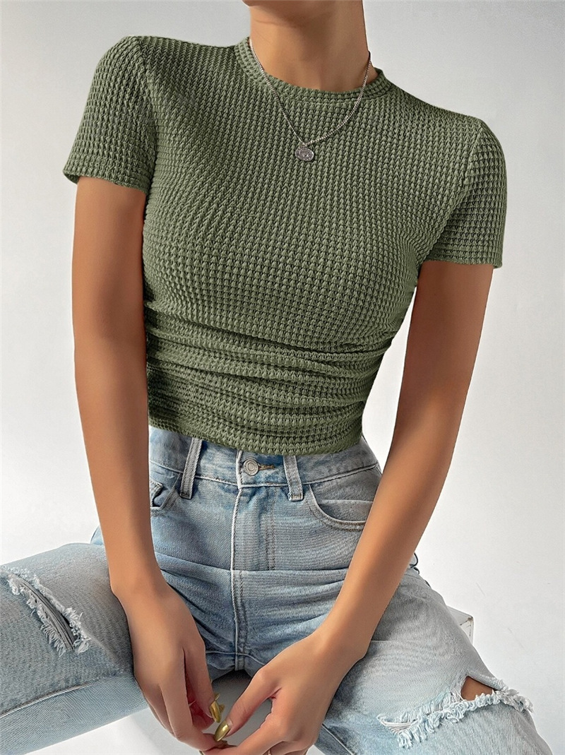 Spring Summer Slim Fit Pleating round Neck Knitted Short Sleeve T shirt
