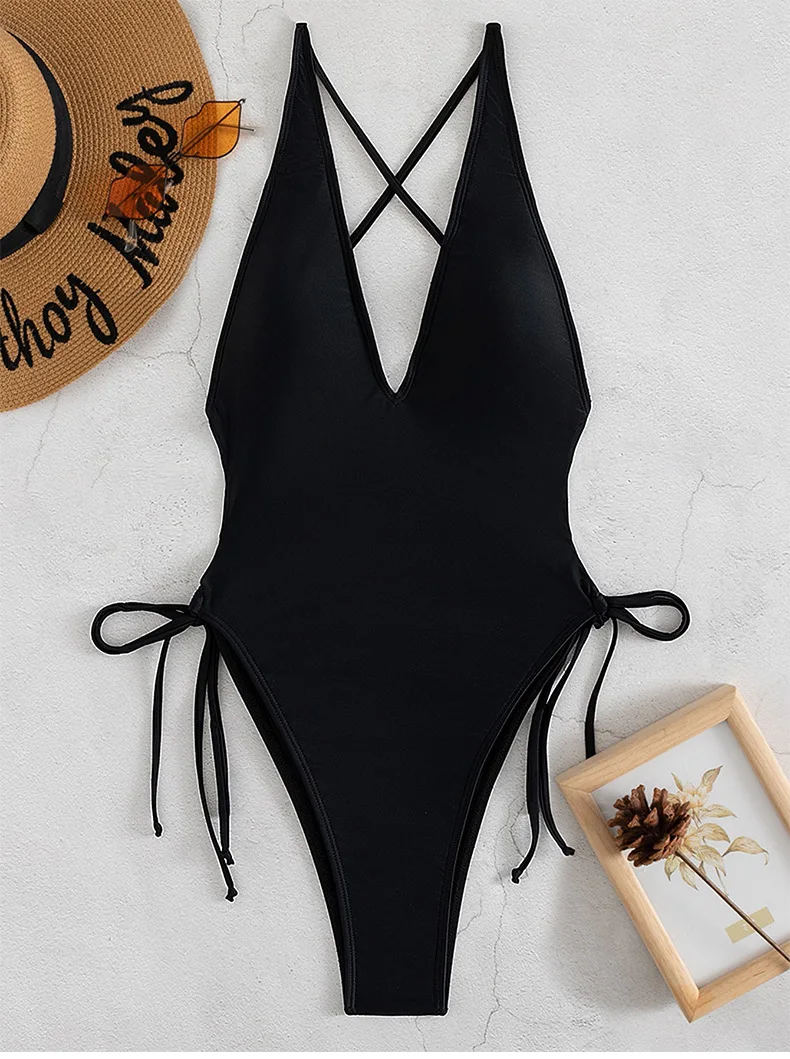 Solid V-neck One Piece Swimsuit for Women Sexy Cross Bandage Swimwear Backless Bathing Suit New Monokini