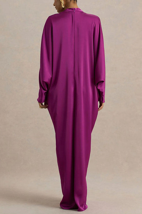 Tina Satin Plunge V-neck Gold Trim Detail Long Batwing Sleeve Maxi Dress