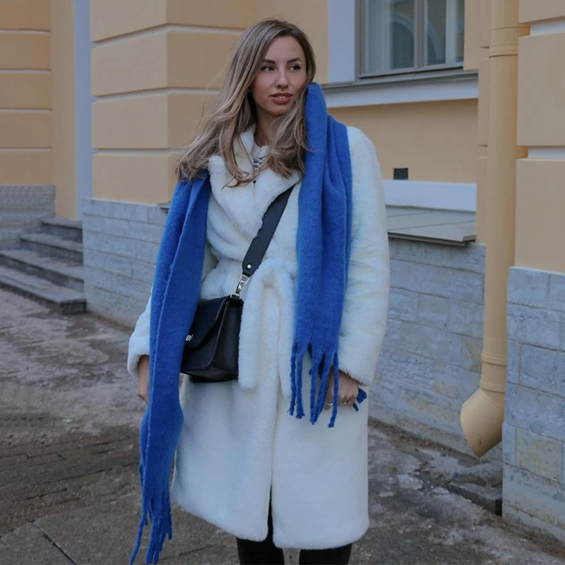 Luxury Winter Long Overcoats Women Oversized Lapel Belted Faux Rabbit Fur Coat Jacket Female Plus Size Outerwear Plush Fur Coats