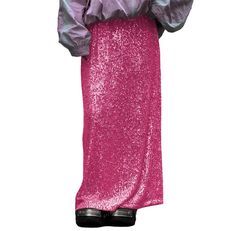 Sequin Long Skirts for Women Solid Color Elastic High Waist Skirt Fashion Elegant Ladies Evening Party Skirt Clubwear