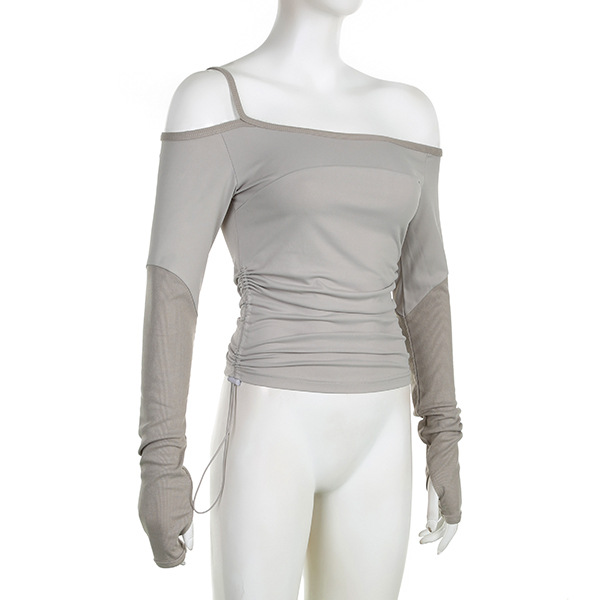 Sexy Single Shoulder Suspender Off Neck Long Sleeved T Shirt Women Solid Color Side Pleating Slim Fit Bottoming Top