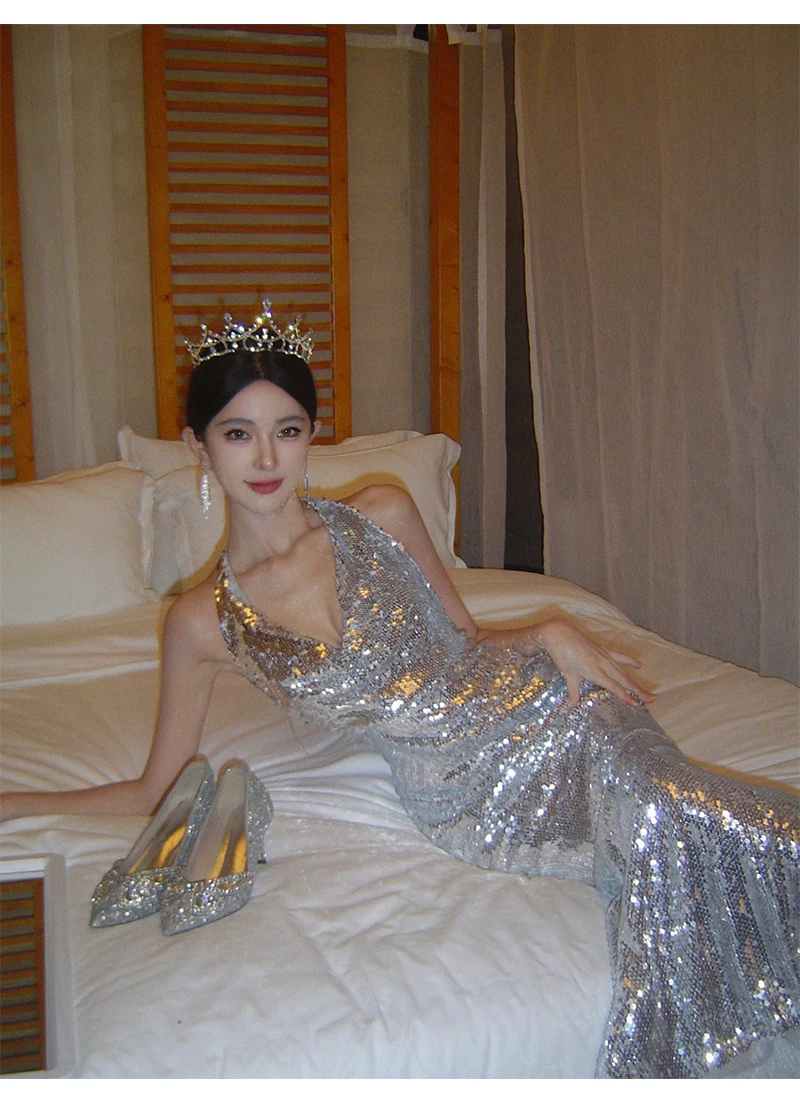 Sexy Bodycon Sequined Prom Robe V-neck Backless Sleeveless Evening Party Dress Wedding Slim Mermaid Long Dresses for Women New