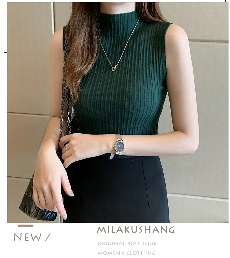 Women Knitted Slim Tank Top Solid Sleeveless Sexy O-Neck Crop Top Casual T-shirt Cotton Off Shoulder Crop Tank Top Summer