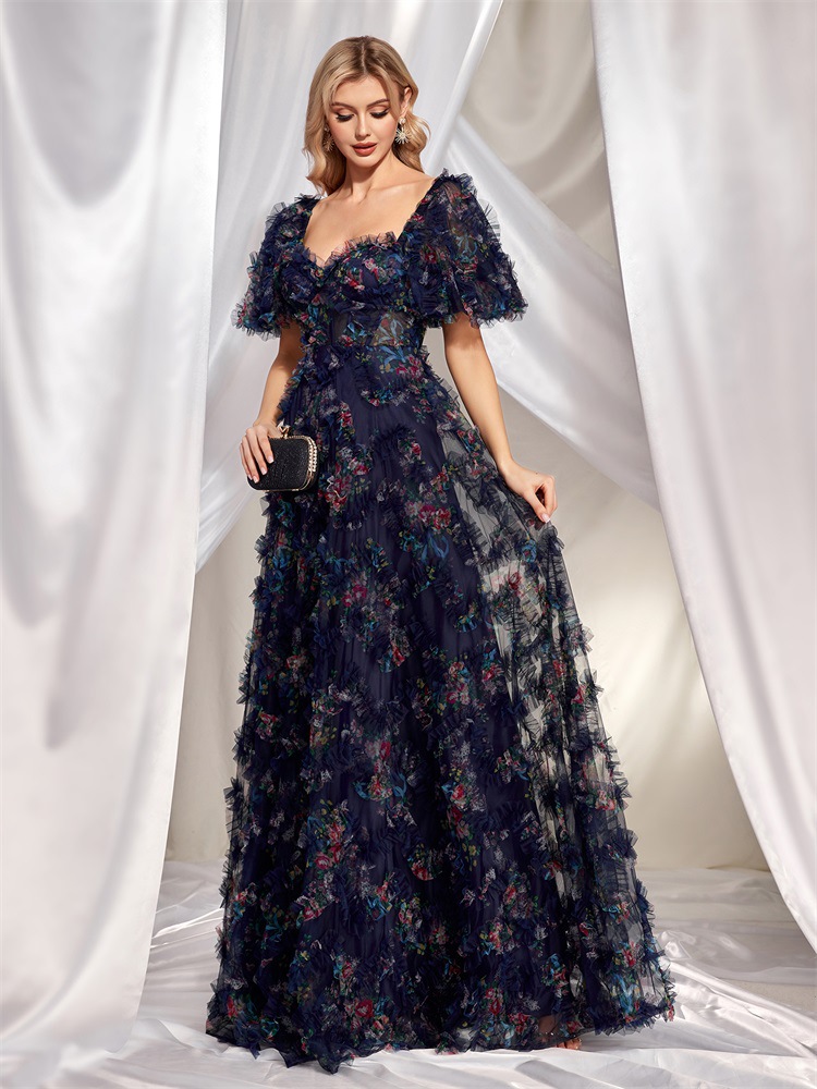 Evening Wear High Grade Floral U Neck Evening Dress Short Sleeve Slim Fit Party Cocktail Dress Women