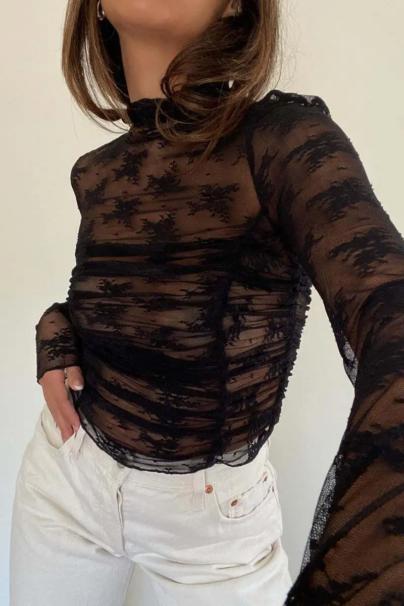 See-Through Lace Mesh T-shirt For Women Long Sleeve Printed Fashion Sexy Summer Contrast Pullover Female Slim Tee Top