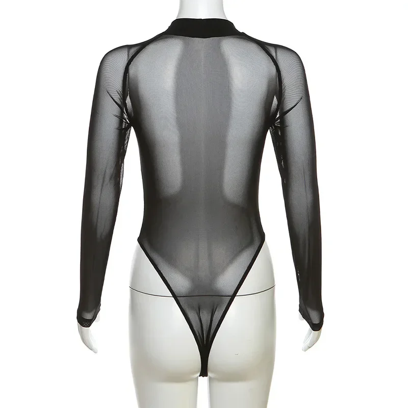 Summer Fashion Solid Colour Sheer Festival Outfit Casual Slim Hollow O-Neck Long Sleeve Lingerie Sexy One-Piece Mesh Bodysuit