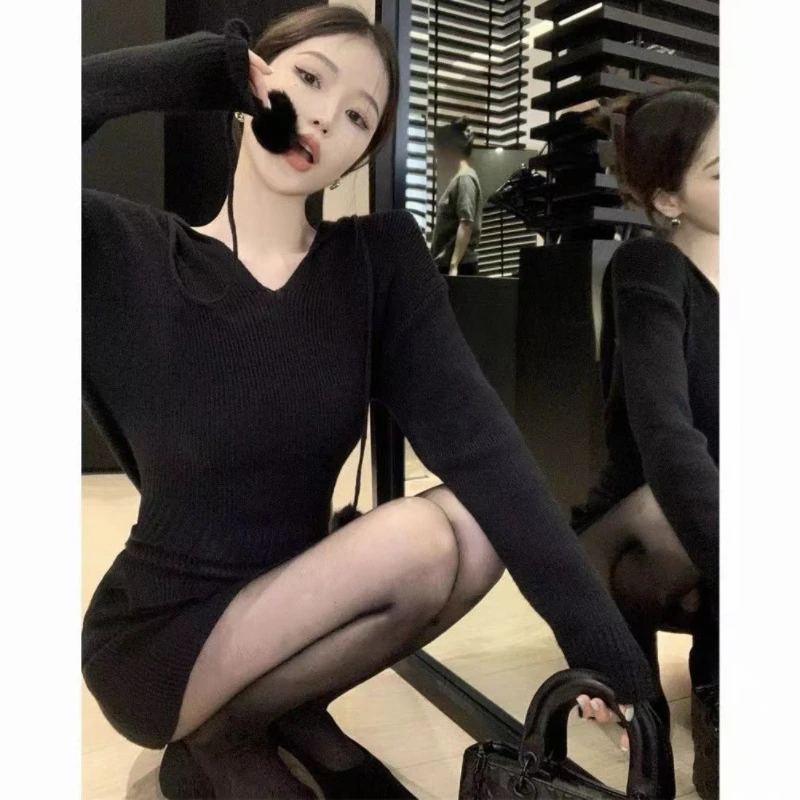 Autumn Women's Knitted Dresses for Women Hoodies V-neck Long Sleeve Bodycon Short Dress Casual Korean Chic Vestidos Mujer New