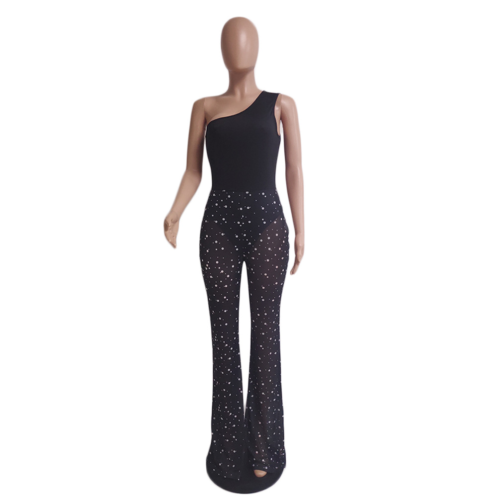 Summer Office Mesh White Dot Printed Vest Jumpsuit Sleeveless Solid Color Milk Silk Black Women Clothing