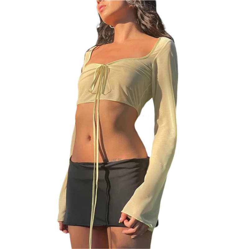 Vintage Aesthetic Crop Top Summer Women Mesh Long Sleeve T Shirt Lace Up Bandage Clothes y2k Clothes Casual Grunge Tees