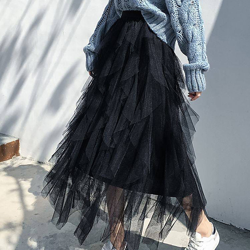 Autumn Winter Vintage Layered Tulle Skirt Women Elastic High Waist Mesh Skirts Long Pleated Tutu Skirt Jupe Longue