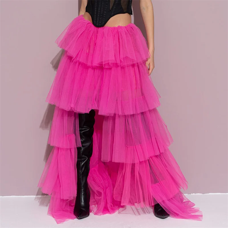 Tulle Skirts Women y2k Solid Color Elastic High Waist Asymmetrical Hem Long Skirts Summer Evening Party Skirt Clubwear