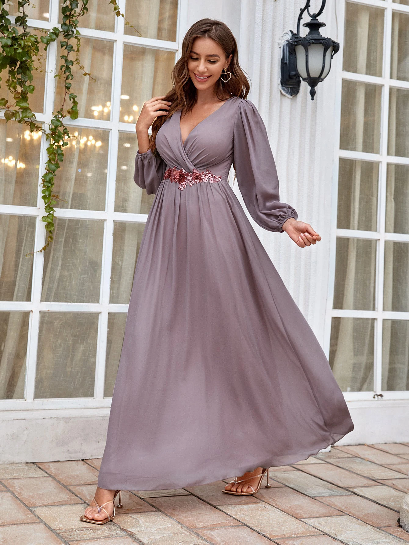 V-neck long sleeve beaded print extra long chiffon Dress Evening gown Ball dress Party dress Bridesmaid dress