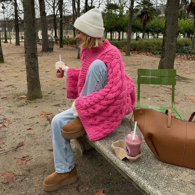 Knit Oversize High Neck Jumper Sweater Women Lazy Round Neck Ribbed Pullover Female Autumn Winter Thick Warm Lady Knitwear